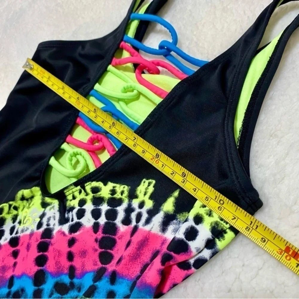 Justice girls one piece swimsuit black with pink blue yellow neon tie dye 8